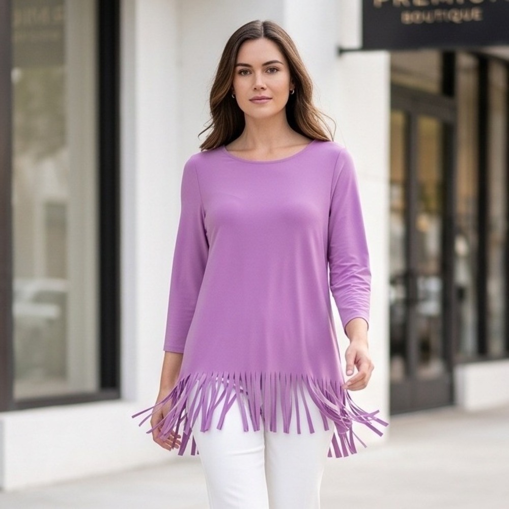 Antthony Original M Purple Fringe Hem Tunic Top‎ 3/4 Sleeve 70s Style NWT